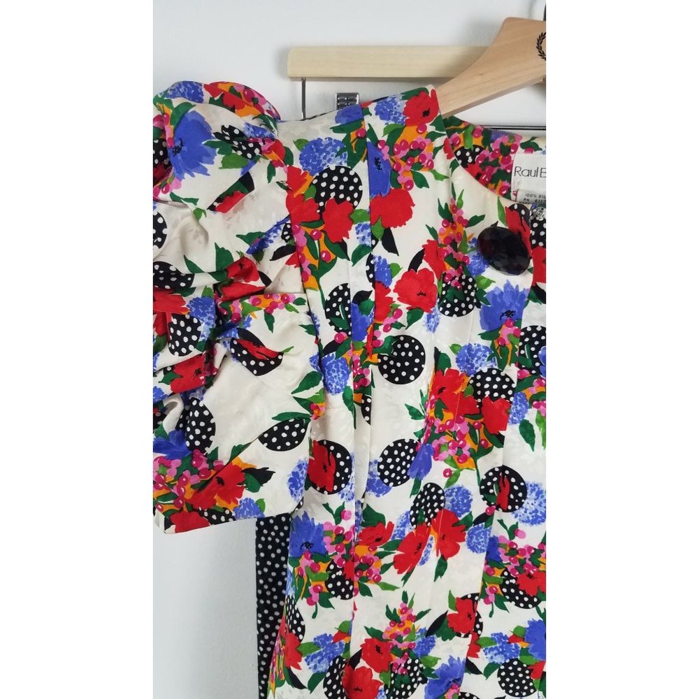 Vtg. Raul Blanco Sz. 4 100% Silk 2 Piece Floral/Polka Dot Set Exaggerated Sleeve - Picture 4 of 12